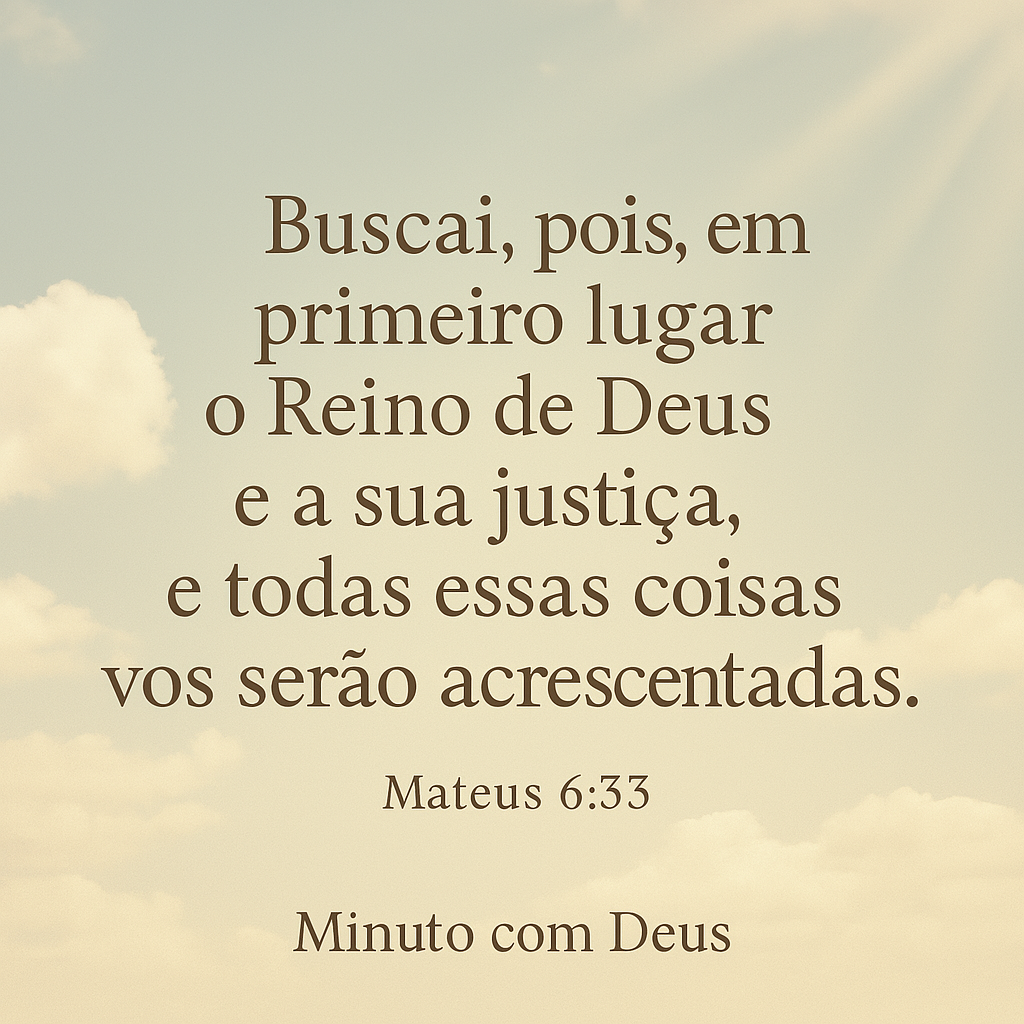 Imagem cristã quadrada com o versículo bíblico Mateus 6:33 em português: "Buscai primeiro o Reino de Deus...", sobre um fundo com céu dourado e azul claro. Ideal para postagens sobre fé, confiança em Deus, vida cristã e devocionais do projeto Minuto com Deus