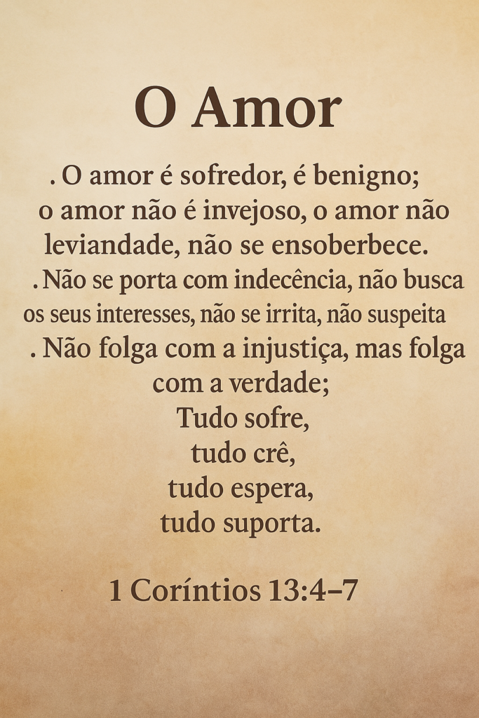 Imagem cristã quadrada com o versículo 1 Coríntios 13:4-7 em português: “O amor é paciente, é bondoso… tudo sofre, tudo crê, tudo espera, tudo suporta”, com fundo delicado e toque romântico. Ideal para conteúdos sobre amor bíblico, relacionamentos, casamento cristão e reflexões devocionais do projeto Minuto com Deus.