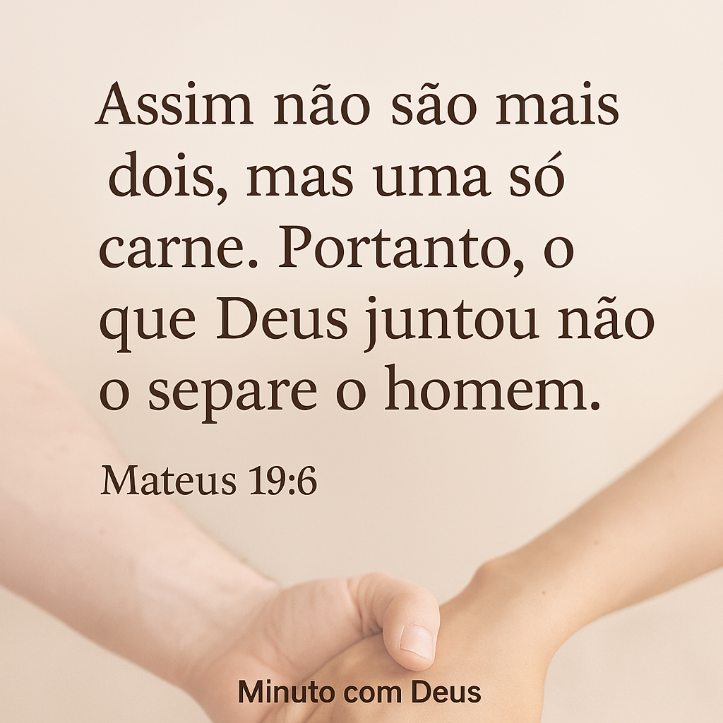 Imagem cristã quadrada com o versículo Mateus 19:6 em português: “Assim não são mais dois, mas uma só carne. Portanto, o que Deus uniu, não separe o homem”, sobre fundo delicado com elementos românticos e iluminação suave. Ideal para conteúdos sobre casamento, alianças espirituais, união conjugal e reflexões bíblicas do projeto Minuto com Deus.