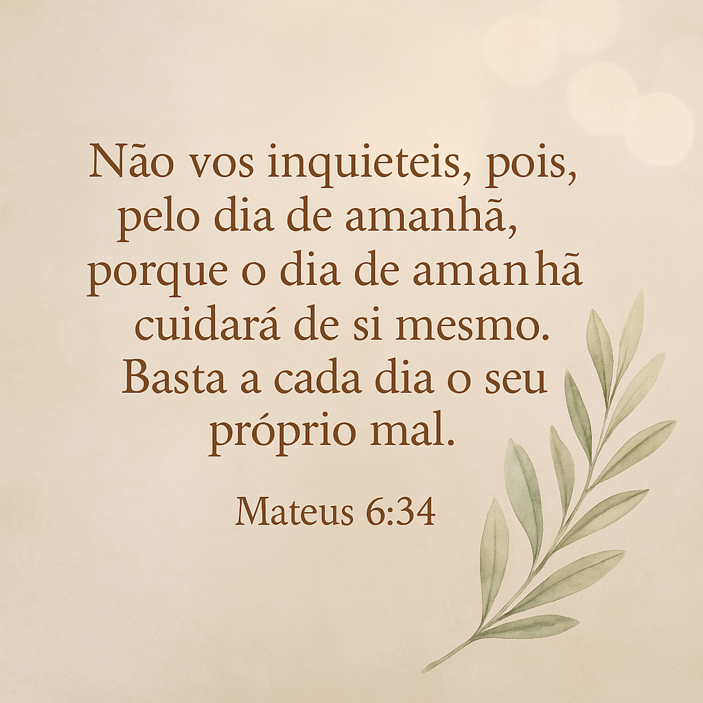 Imagem cristã quadrada com o versículo Mateus 6:34 em português: “Não vos inquieteis, pois, pelo dia de amanhã...”, sobre fundo suave com elementos naturais e atmosfera de paz. Ideal para conteúdos sobre confiança em Deus, mensagens de combate à ansiedade, reflexões devocionais e publicações do projeto Minuto com Deus.