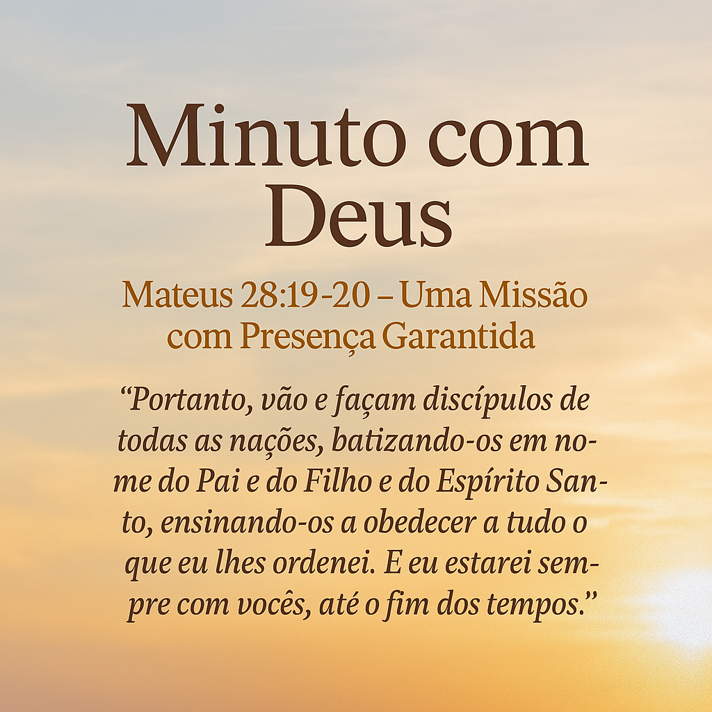 Imagem cristã quadrada com o versículo Mateus 28:19-20 em português, sobre um fundo com céu dourado e nuvens suaves. A arte destaca a missão deixada por Jesus com a assinatura “Minuto com Deus”, ideal para conteúdos sobre discipulado, evangelismo, fé e presença de Deus.