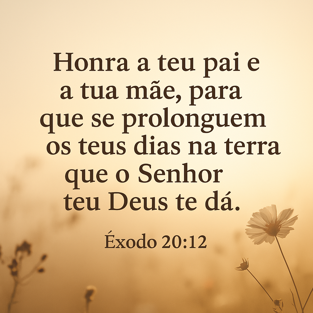 Imagem cristã quadrada com o versículo Êxodo 20:12 em português: “Honra teu pai e tua mãe, para que se prolonguem os teus dias na terra que o Senhor teu Deus te dá”, sobre fundo suave com elementos de família e luz acolhedora. Ideal para conteúdos devocionais, mensagens sobre família, valores bíblicos e reflexões do projeto Minuto com Deus