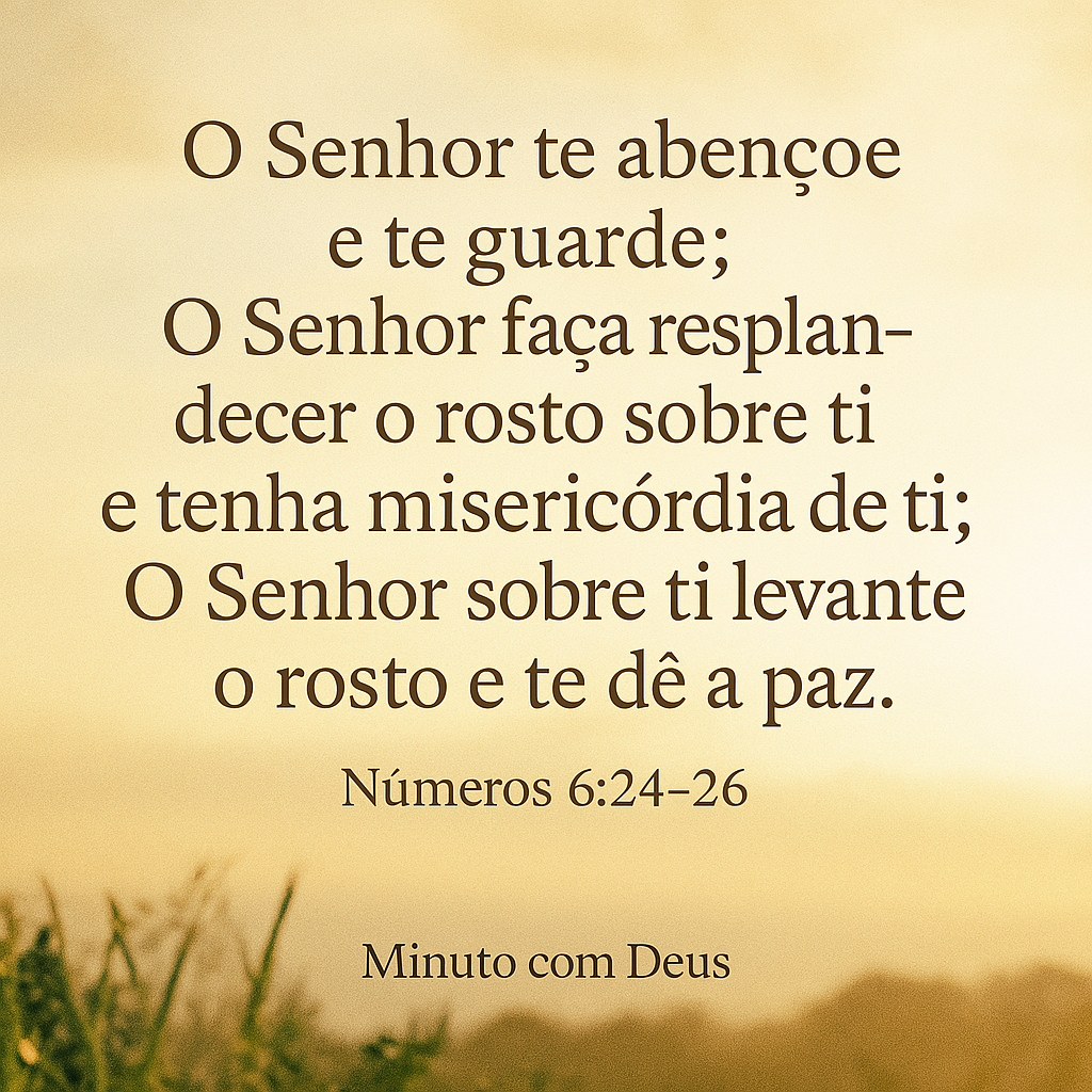 Imagem cristã quadrada com o versículo Números 6:24-26 em português: “O Senhor te abençoe e te guarde…”, sobre fundo suave com luz dourada e elementos delicados. Ideal para conteúdos devocionais, orações de bênção, reflexões sobre proteção divina e mensagens inspiradoras do projeto Minuto com Deus.