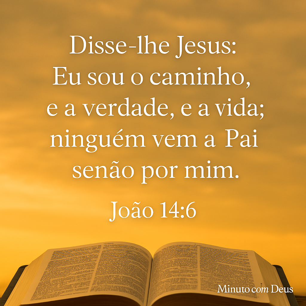 Imagem cristã quadrada com o versículo João 14:6 em português: “Eu sou o caminho, a verdade e a vida. Ninguém vem ao Pai, a não ser por mim”, sobre fundo com textura suave e luz dourada. Ideal para conteúdos devocionais, estudos bíblicos e reflexões sobre Jesus como o caminho, a verdade e a vida no projeto Minuto com Deus.