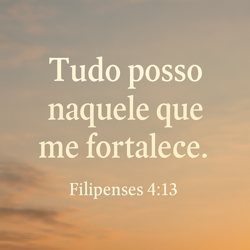 Imagem cristã quadrada com o versículo Filipenses 4:13 em português: “Posso todas as coisas naquele que me fortalece”, sobre fundo sereno com luz natural e elementos de superação. Ideal para mensagens motivacionais, conteúdos devocionais, publicações sobre fé e esperança, e reflexões do projeto Minuto com Deus