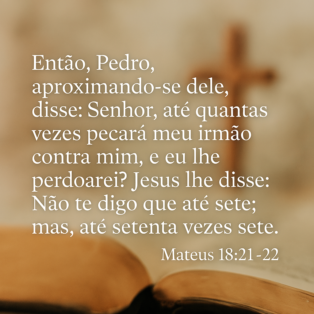 Imagem cristã quadrada com o versículo Mateus 18:21-22 em português: “Senhor, até quantas vezes devo perdoar? […] até setenta vezes sete”, com fundo leve e atmosfera de paz. Ideal para conteúdos sobre perdão, misericórdia, cura interior e reflexões devocionais do projeto Minuto com Deus.