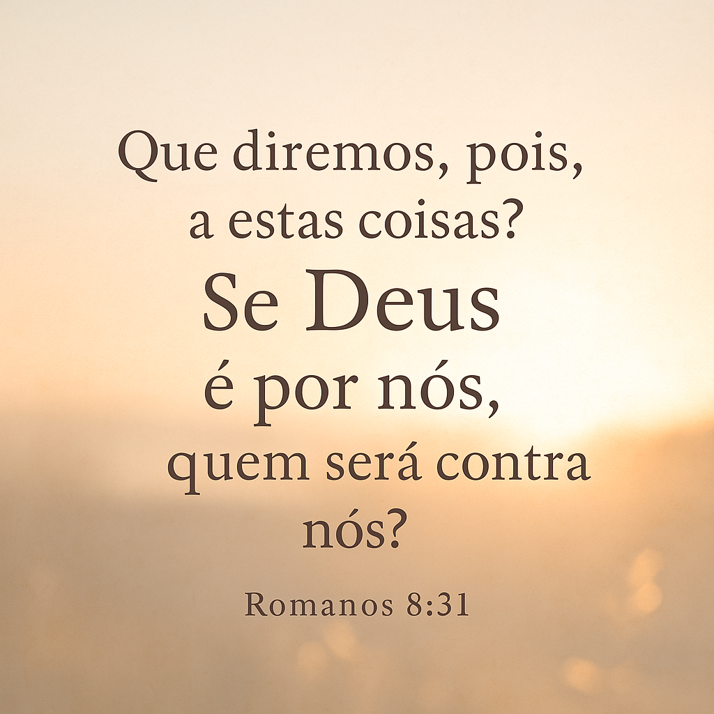 Imagem cristã quadrada com o versículo Romanos 8:31 em português: “Se Deus é por nós, quem será contra nós?”, sobre fundo sereno com luz celestial e paisagem inspiradora. Ideal para conteúdos de fé, mensagens de encorajamento, reflexões bíblicas e devocionais do projeto Minuto com Deus.
